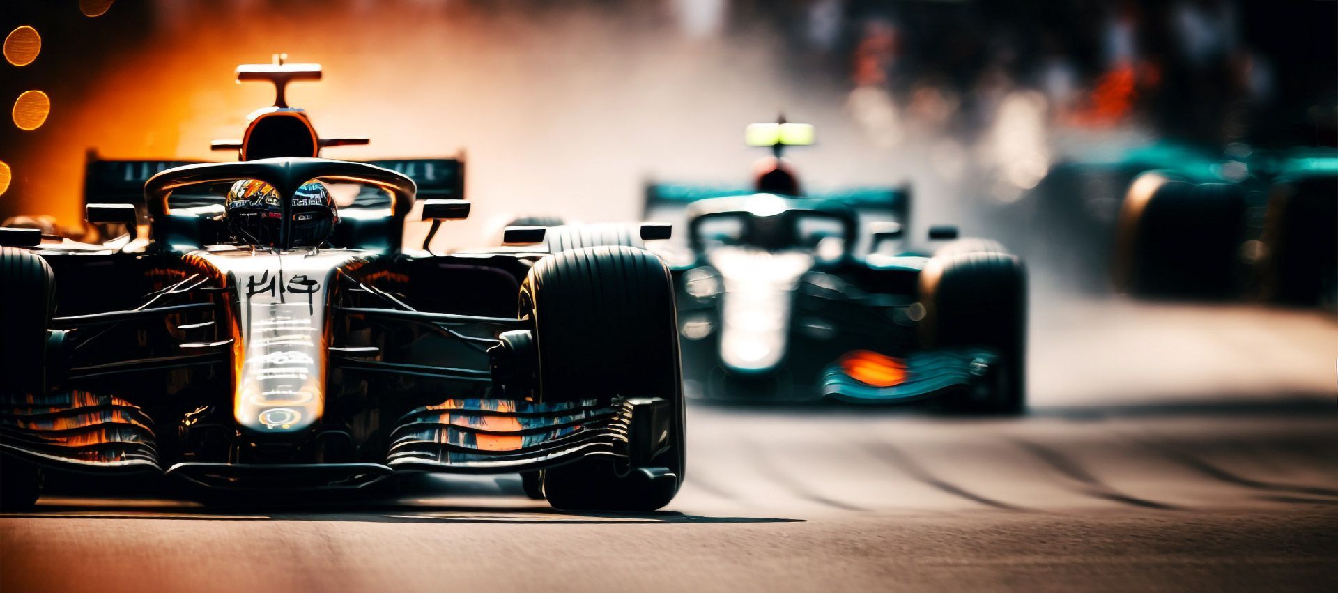Formula one cars at Silverstone racing round the track.
