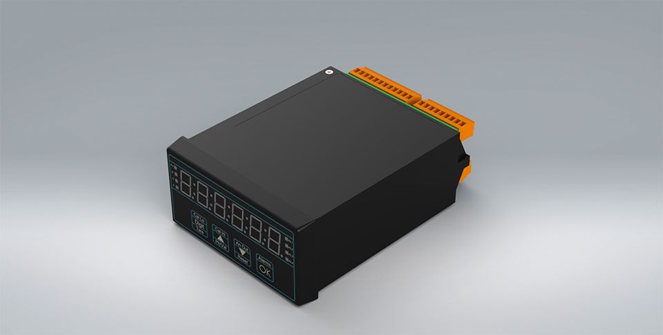 The INT4-L weighing indicator device for load cells. It is a black box with a clear readable screen and orange components.