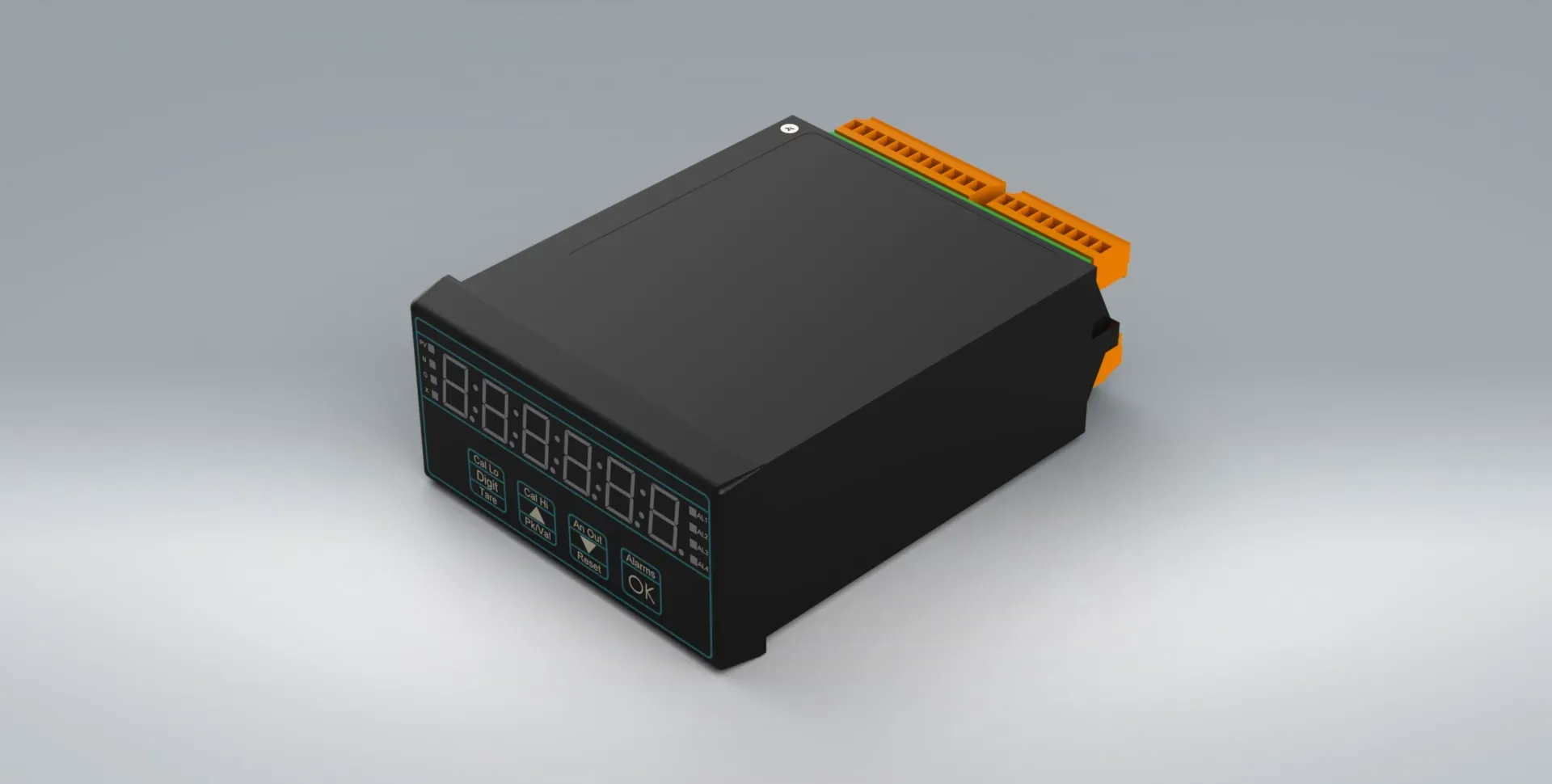 The INT4-L weighing indicator device for load cells. It is a black box with a clear readable screen and orange components.