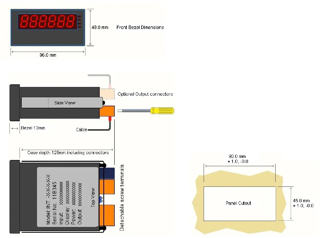 Outline dimensions for the INT4 load cell panel meter from PCM.