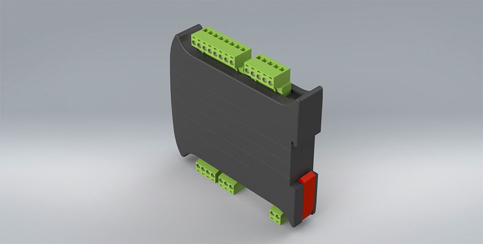 3D model of the LCD20 DIN rail mount strain gauge bridge amplifier. It has a black central component with green and red links