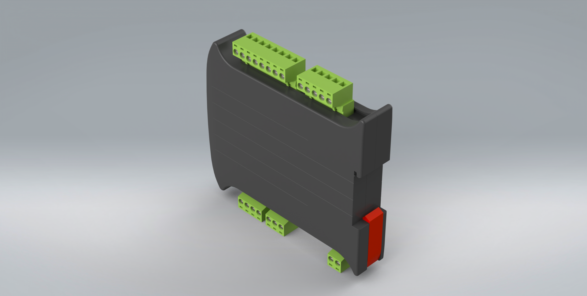 A 3d model of a black box with green terminals and a red button.