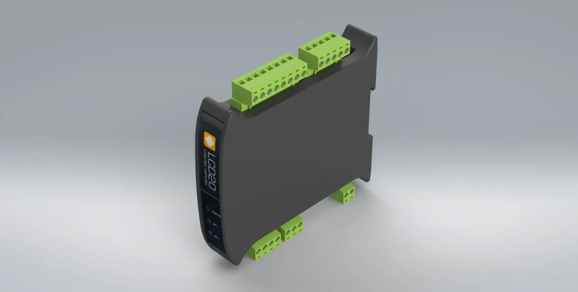 3D model of the LCD20 DIN rail mount strain gauge bridge amplifier. It has a black central component with green and red links