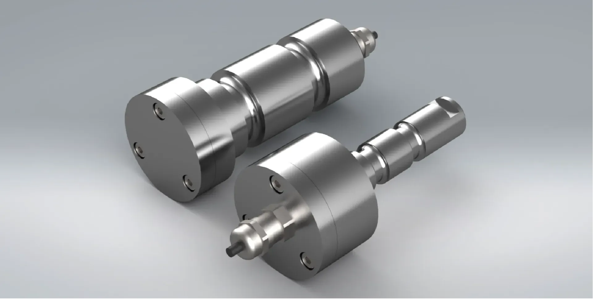 Model of 2 metallic stainless steel components to make a load pin. A strain gauge sensor used to measure load or tension.