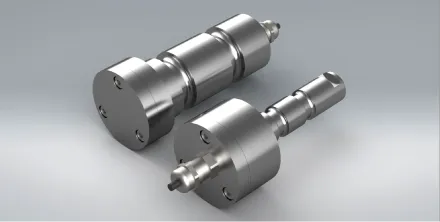 Model of 2 metallic stainless steel components to make a load pin. A strain gauge sensor used to measure load or tension.