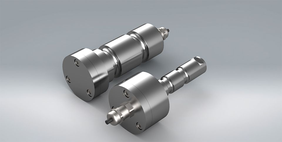 Model of 2 metallic stainless steel components to make a load pin. A strain gauge sensor used to measure load or tension.