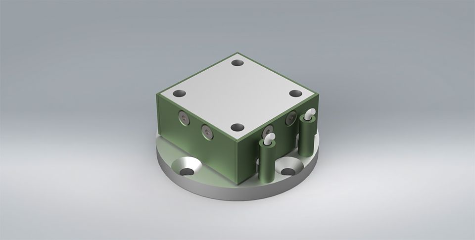 A metallic 3D model of a MAL6 multi-axis or 6-axis load cell that measures 3 forces and 3 moments on a light grey background.