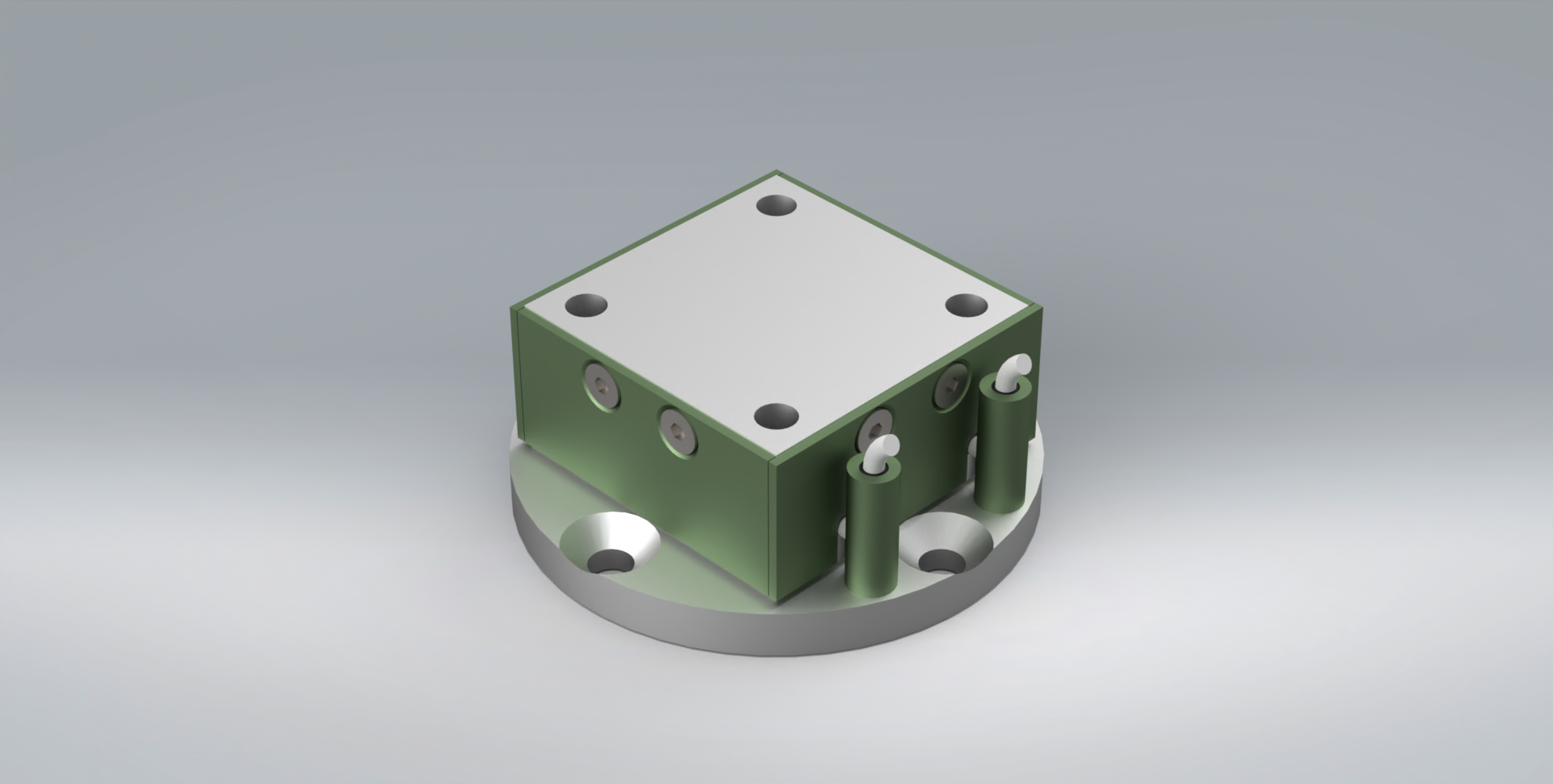 A 3d model of a metal block with holes in it