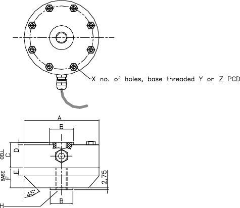 Outline dimensions for the PLC low-profile pancake load cell.