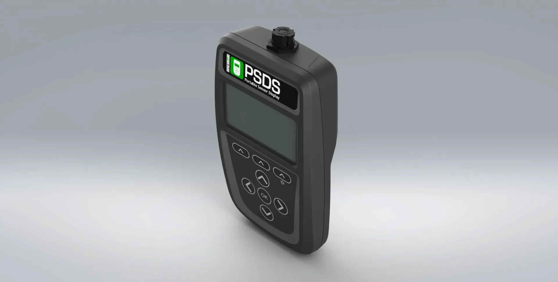 A black PSDS display device with a screen and touchpad of arrows and buttons.