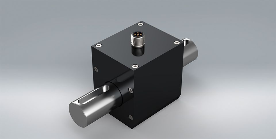 A black 3D model of a RT8 contactless rotating torque transducer for measuring rotational torsion on a light grey background.