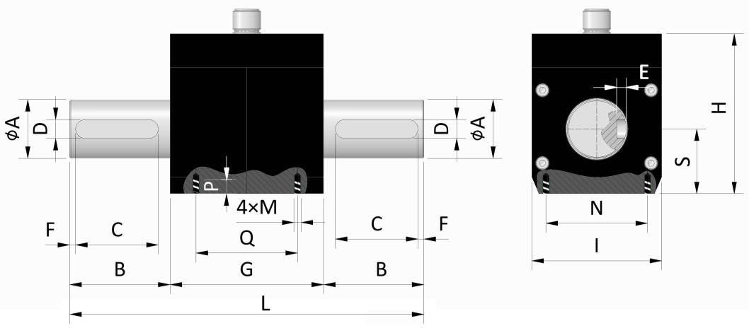 Outline dimensions for the RT8 contactless rotating torque transducer.