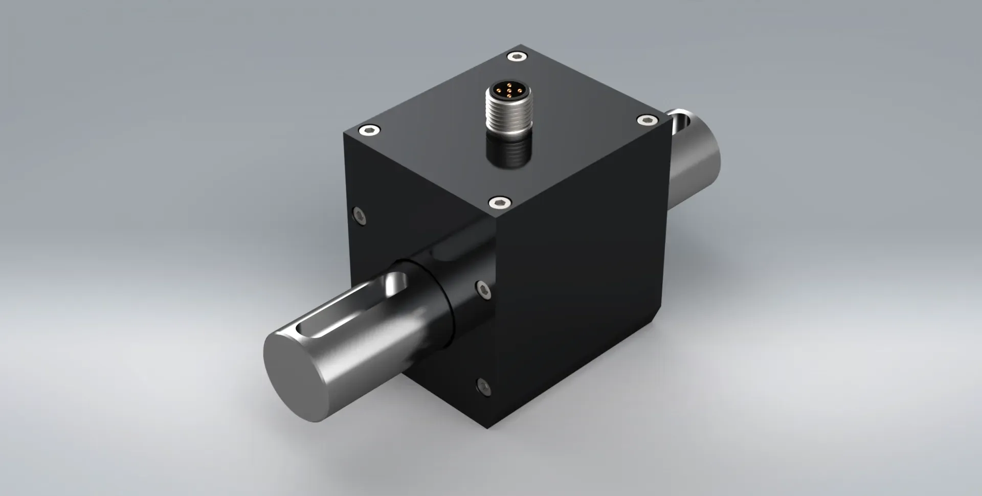 A black 3D model of a RT8 contactless rotating torque transducer for measuring rotational torsion on a light grey background.