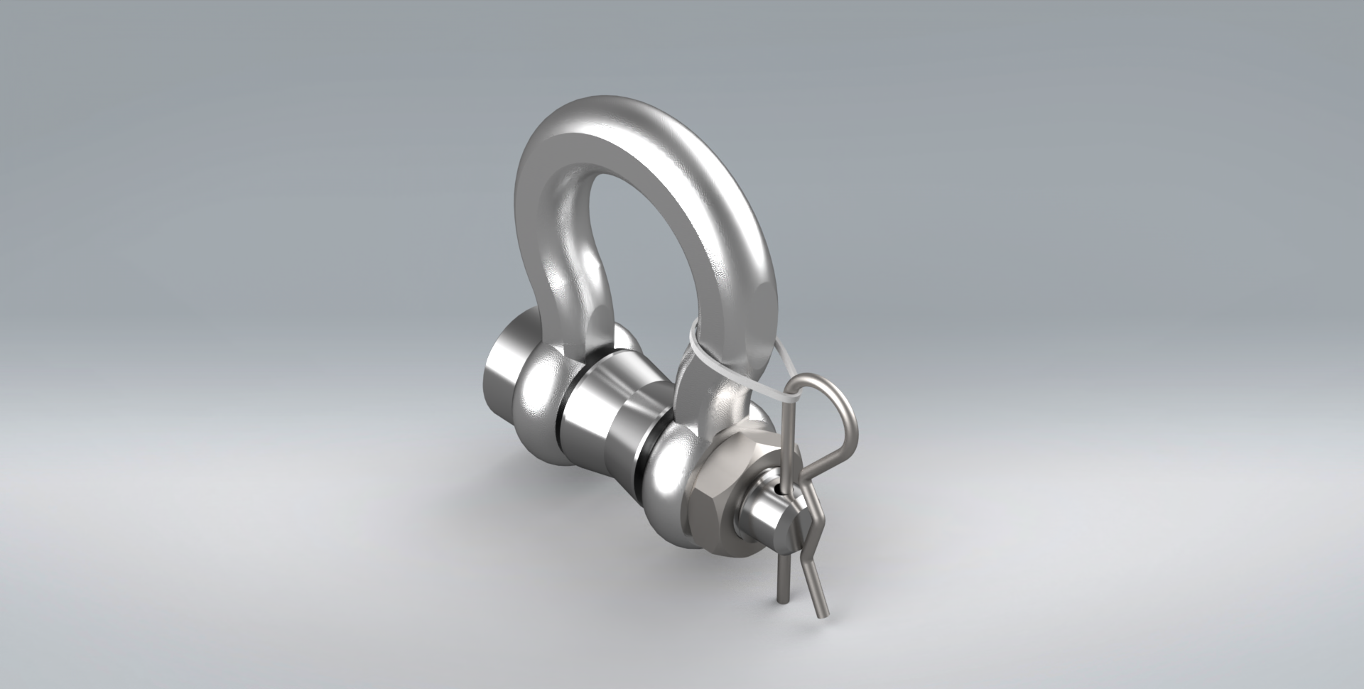 A 3d model of a stainless steel shackle with a key attached to it.