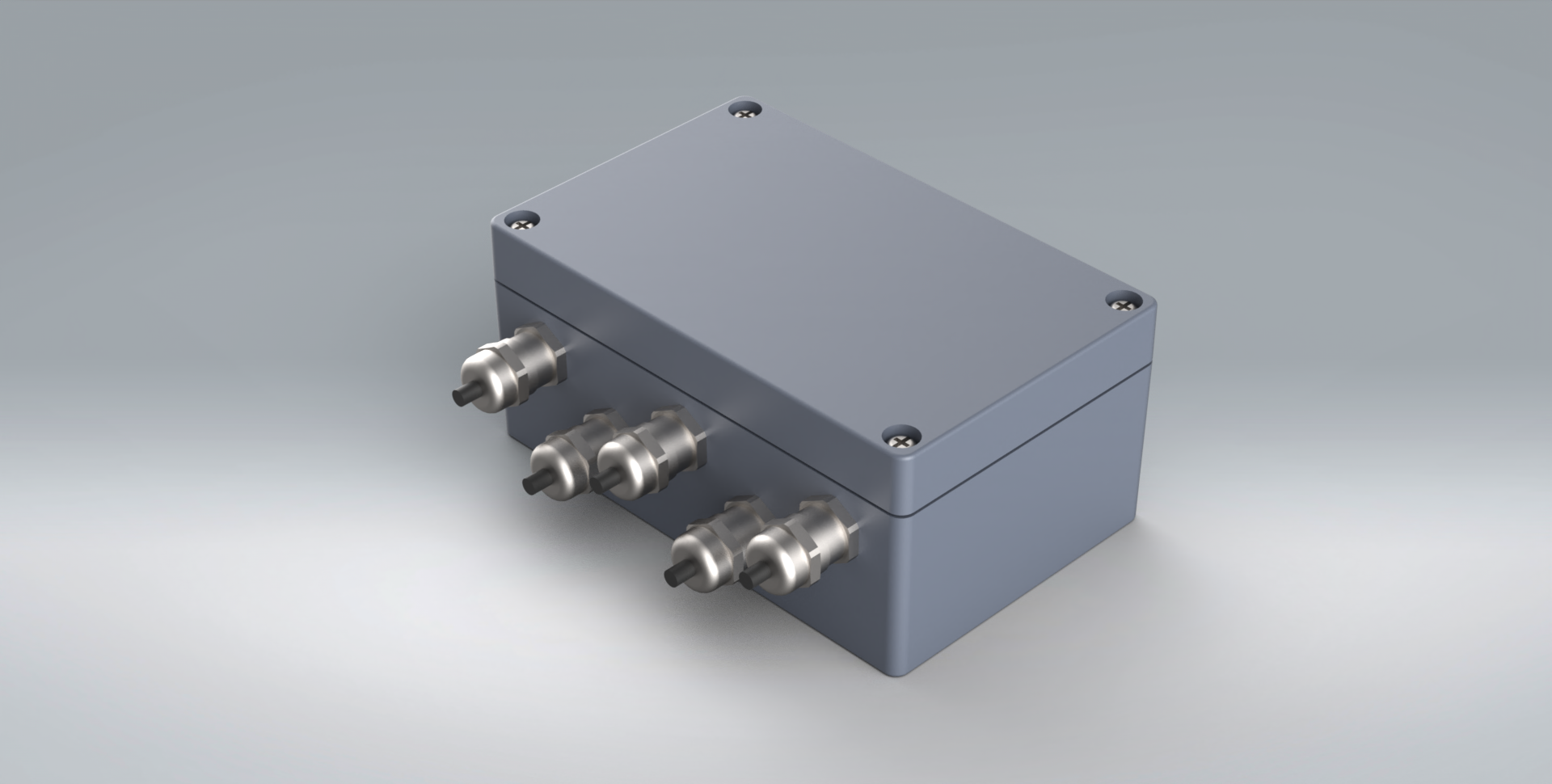 A 3d model of a box with three connectors on it.