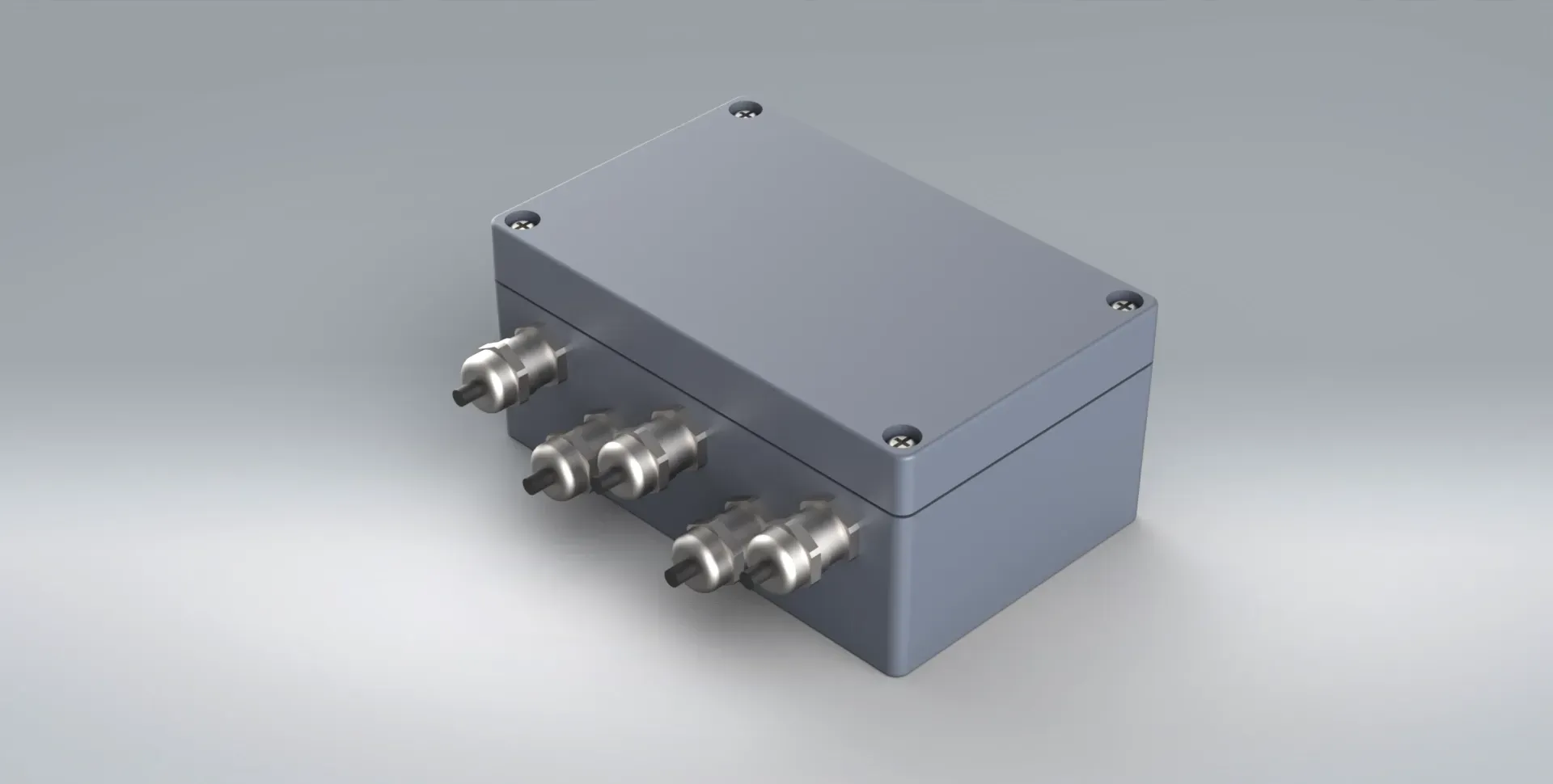 Dark grey metallic 3D Model of the SG4 load cell junction box on a lighter grey background.