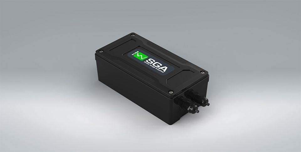 A black box SGA amplifier, simple to use and cost effective, with green and white branding on the front on a grey background.