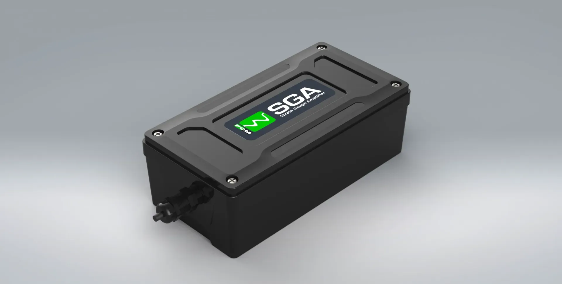 A black box SGA amplifier, simple to use and cost effective, with green and white branding on the front on a grey background.