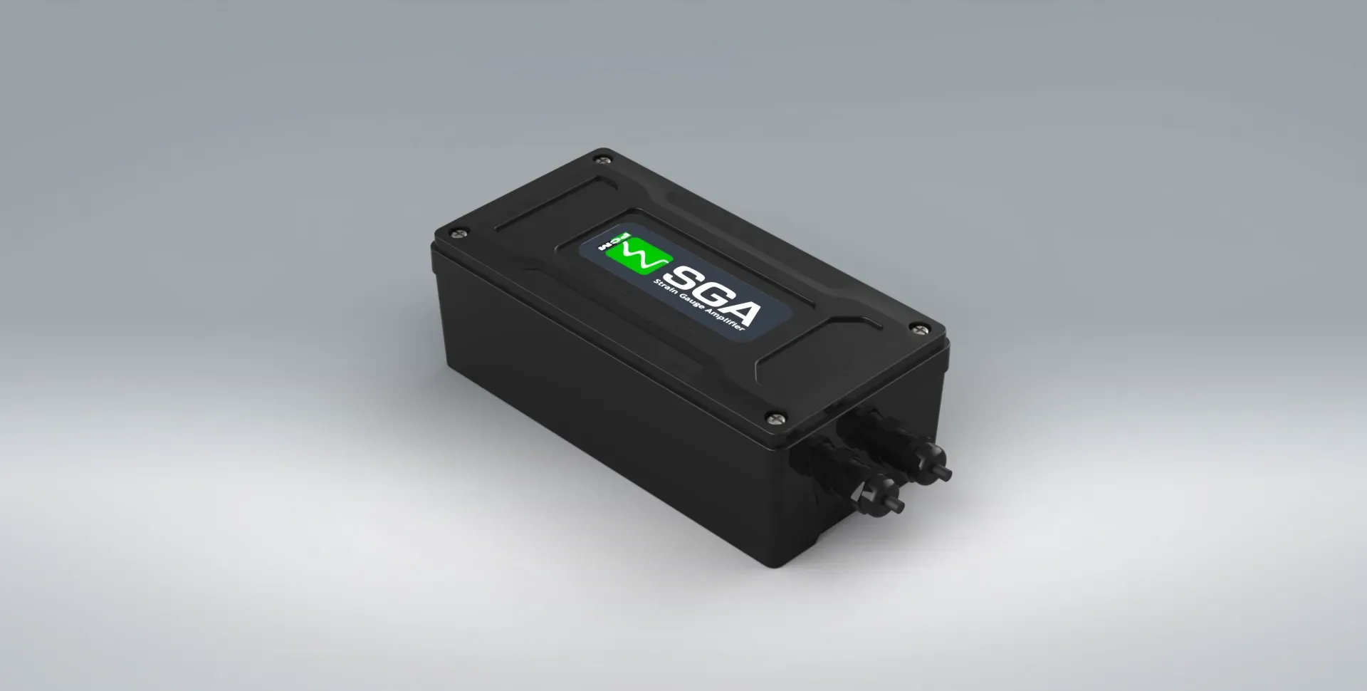 Side on view of the SGA strain gauge amplifier on a grey background