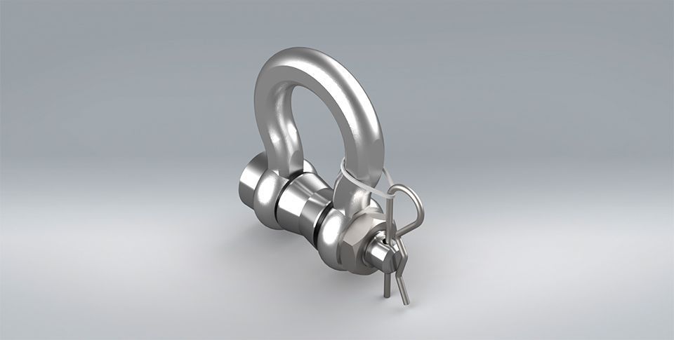 A 3d model of PCM's SLP load shackle, used for tension measurement. The load shackle is stainless steel on a grey background.