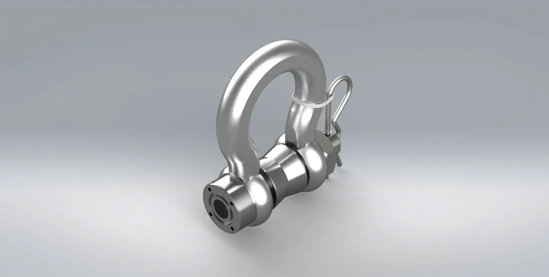 A 3d model of PCM's SLP load shackle, used for tension measurement. The load shackle is stainless steel on a grey background.
