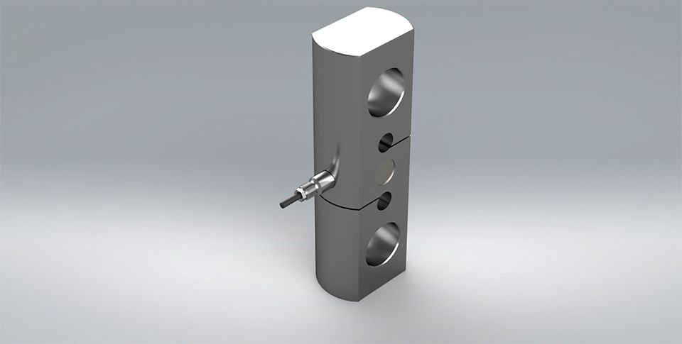 Design of the T20 standard tension link load cell. Laser welded stainless steel assembly on a plain grey background.