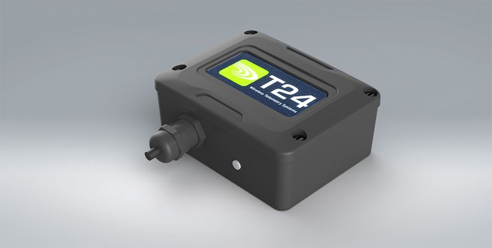 A black box T24 wireless telemetry sensor system for industrial sensor applications, sat on a grey background.