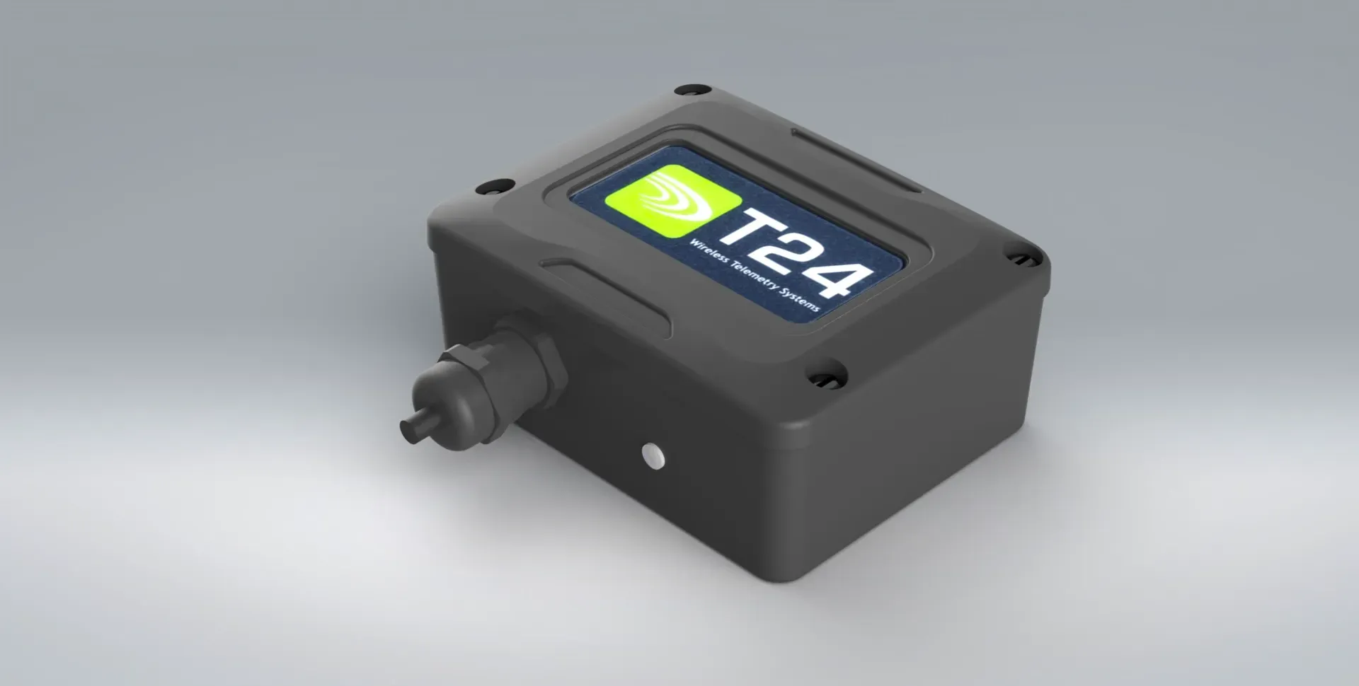 A black box T24 wireless telemetry sensor system for industrial sensor applications, sat on a grey background.