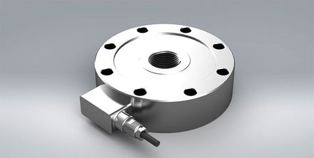 A close up of the TC4 stainless steel bi-directional pancake load cell for tension and compression measurement.