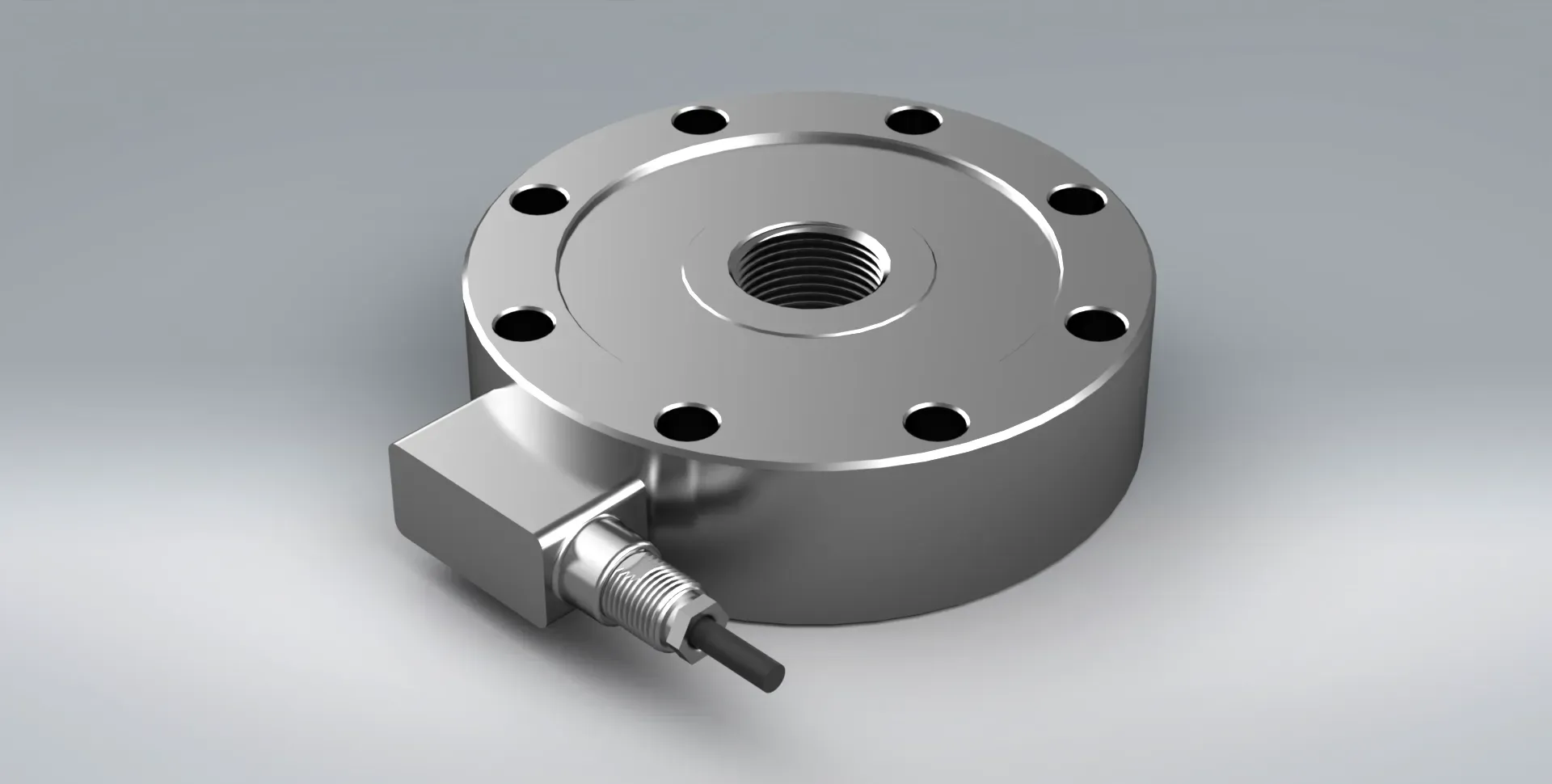 A close up of the TC4 stainless steel bi-directional pancake load cell for tension and compression measurement.