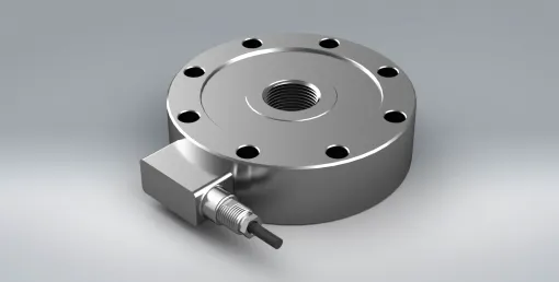 A close up of the TC4 stainless steel bi-directional pancake load cell for tension and compression measurement.