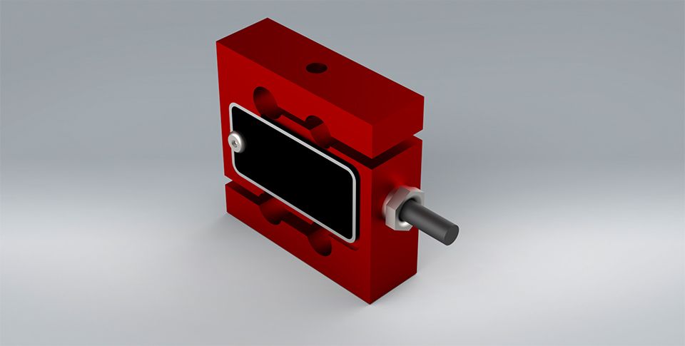 Red 3D model of the TCA low profile bi-directional S-Type Load Cell on a light grey background.