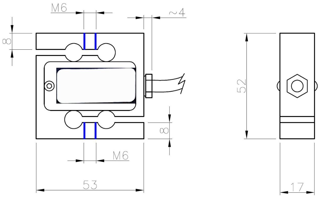 Outline dimensions of the TCA s-type low-profile load cell.