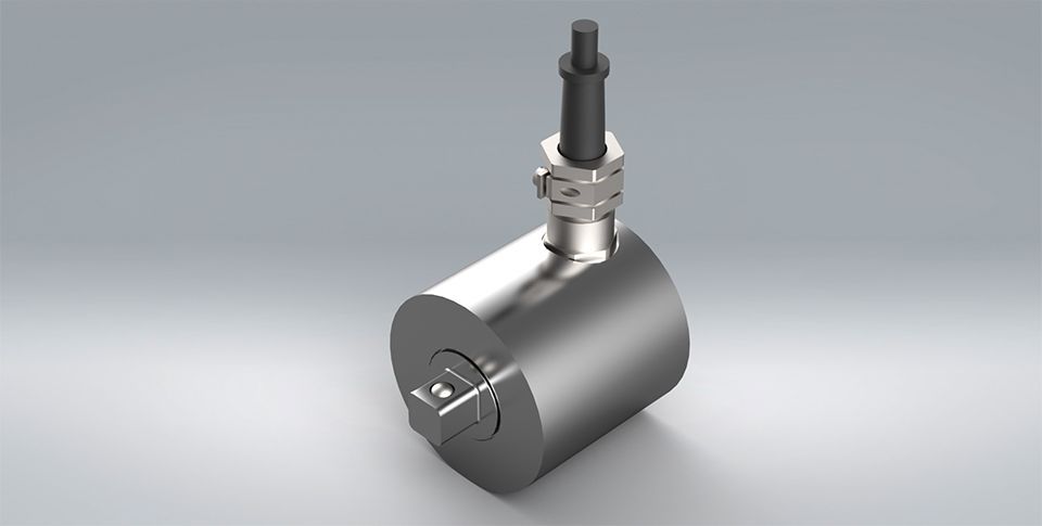 3D model of the TRS torque sensor, used to measure static torsion. It is made from stainless steel on a grey background.