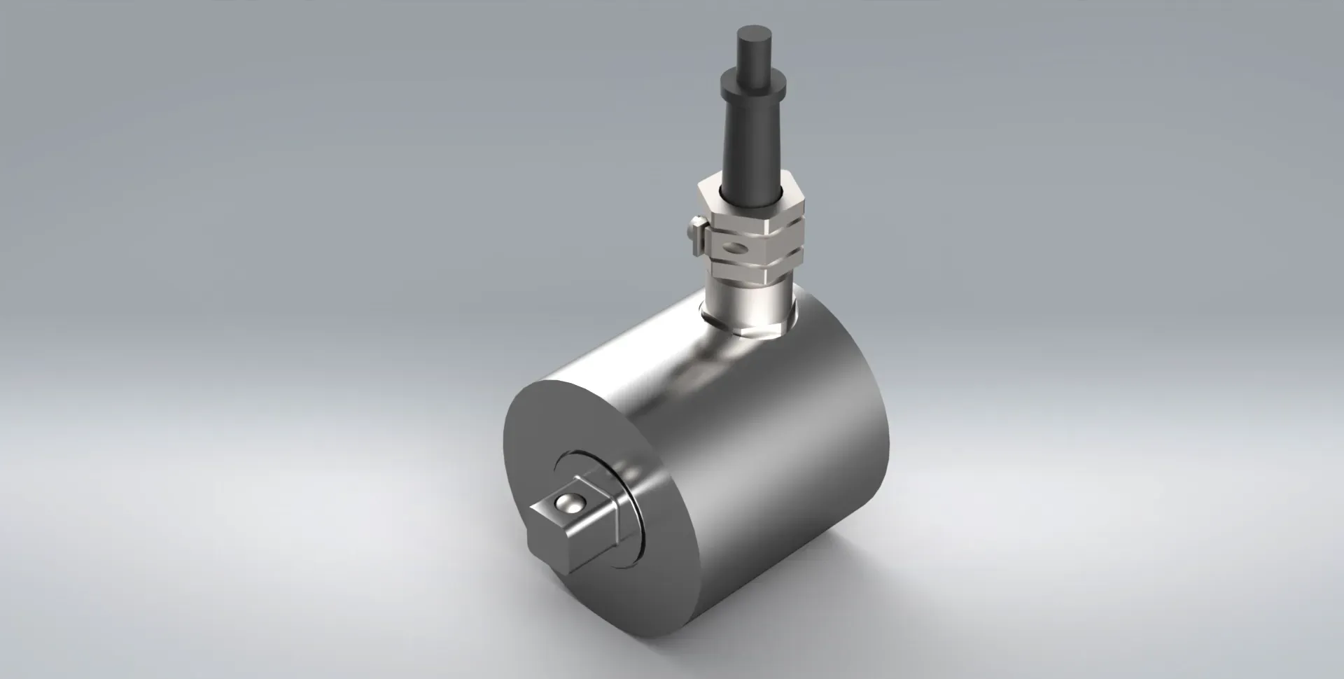 3D model of the TRS torque sensor, used to measure static torsion. It is made from stainless steel on a grey background.