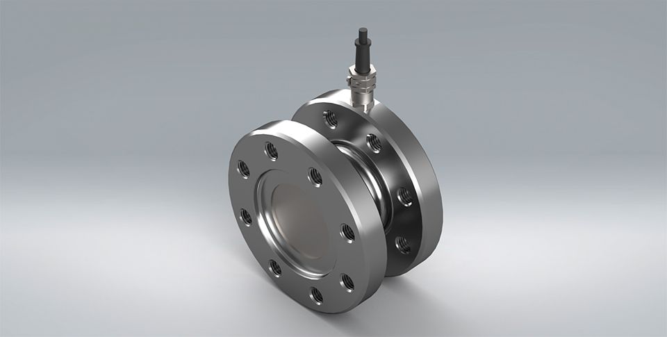 A close up of the TRX torque sensor with a flange design in order to measure static torsion and made from stainless steel.