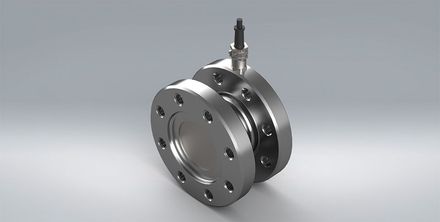 A close up of the TRX torque sensor with a flange design in order to measure static torsion and made from stainless steel.