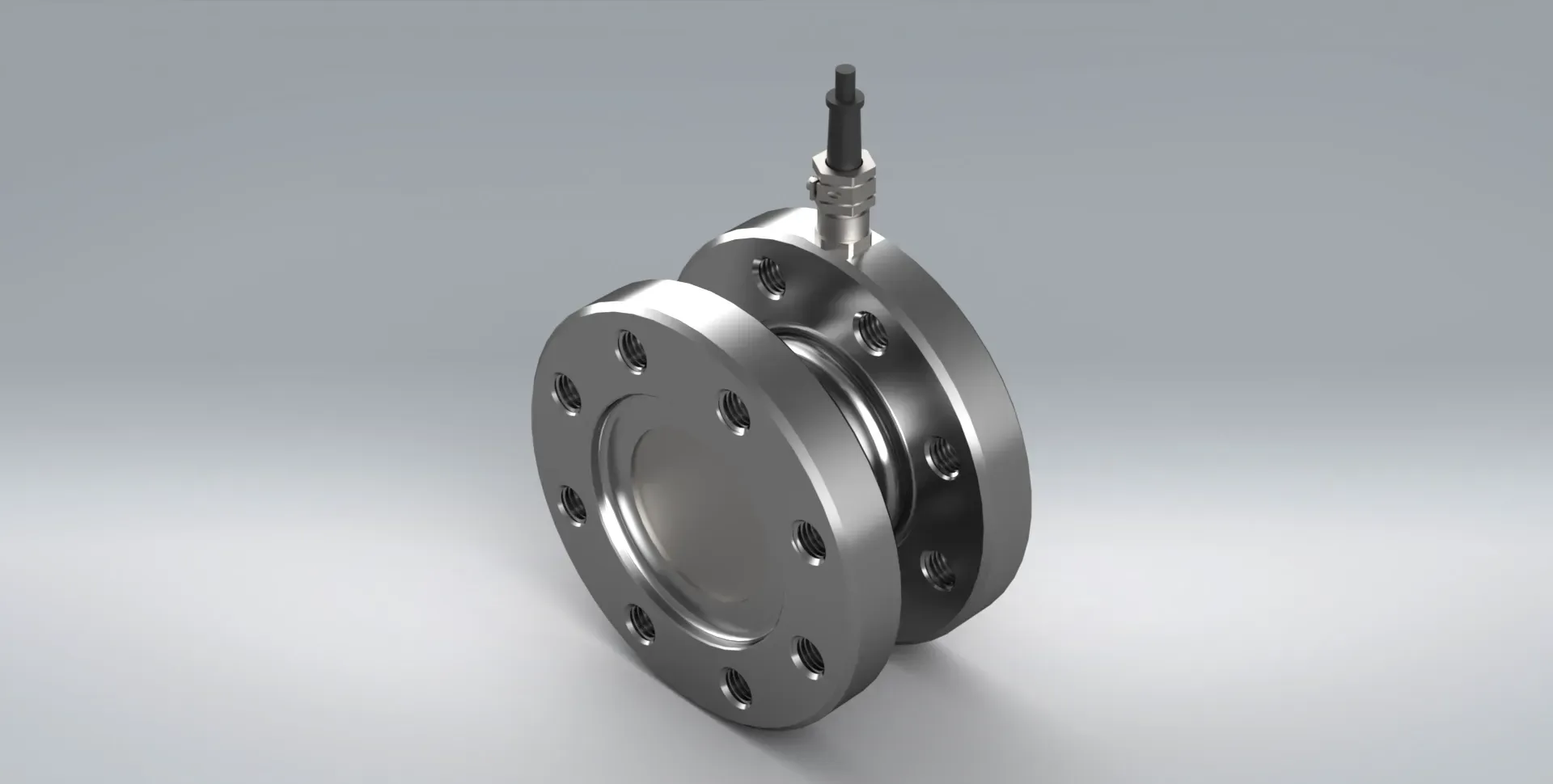 A close up of the TRX torque sensor with a flange design in order to measure static torsion and made from stainless steel.