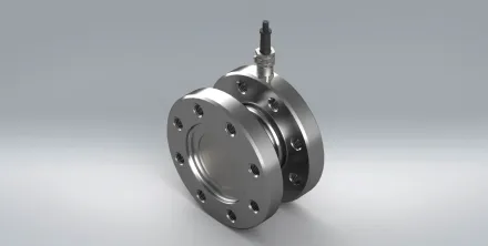 A close up of the TRX torque sensor with a flange design in order to measure static torsion and made from stainless steel.