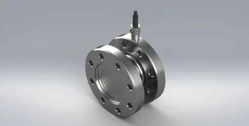 A close up of the TRX torque sensor with a flange design in order to measure static torsion and made from stainless steel.
