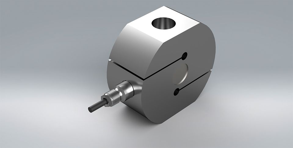 A 3d model of a TS stainless steel S-Type load cell, used for compression or tension measurement in static or dynamic testing