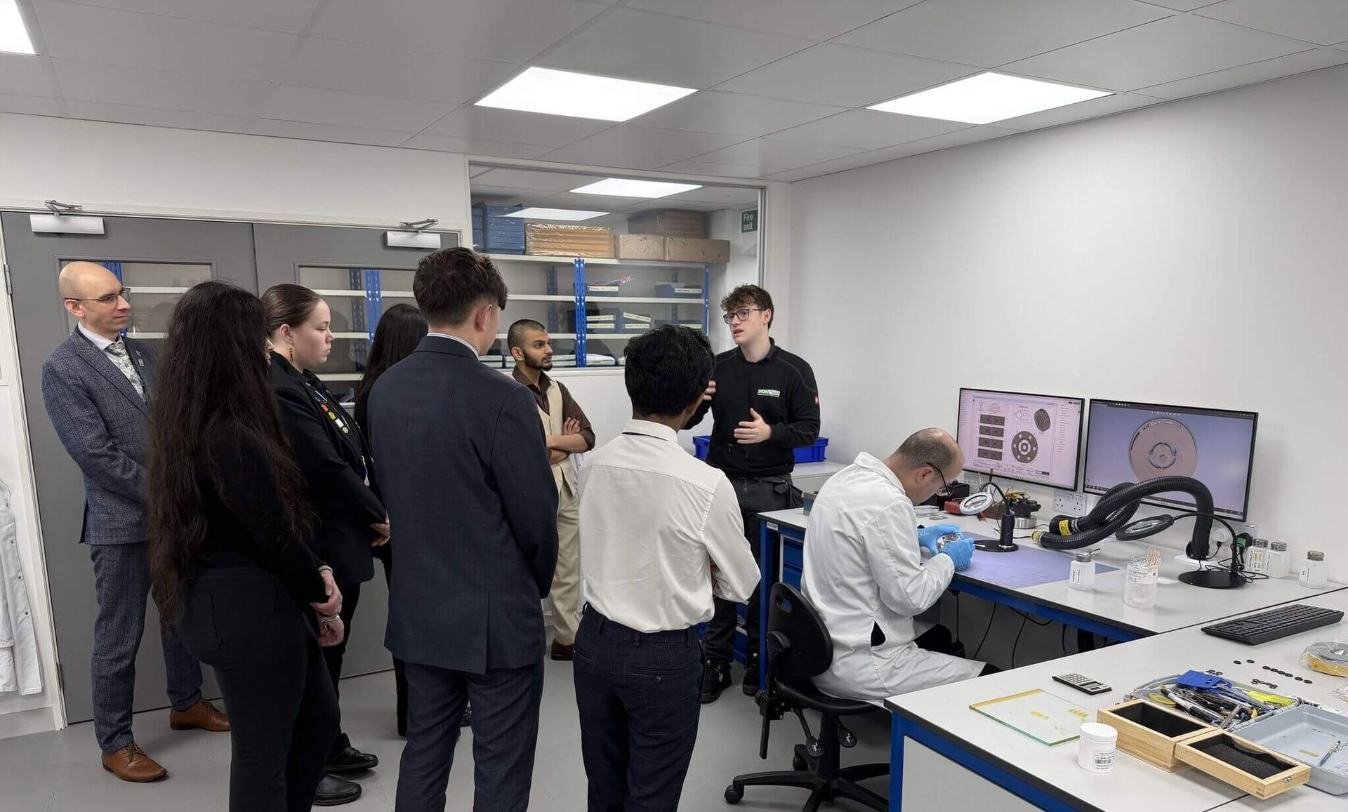 Harry Chester teaching WMG Academy students about strain gauging inside Procter & Chester's Lab