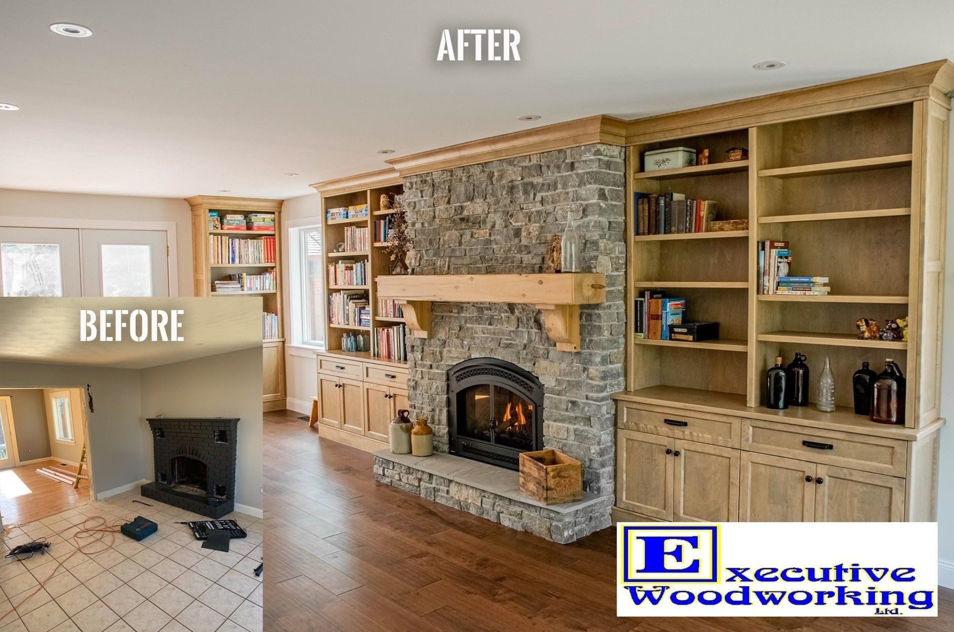 Living room renovation before and after: fireplace, built-in bookshelves, stone, wood, hardwood floors.
