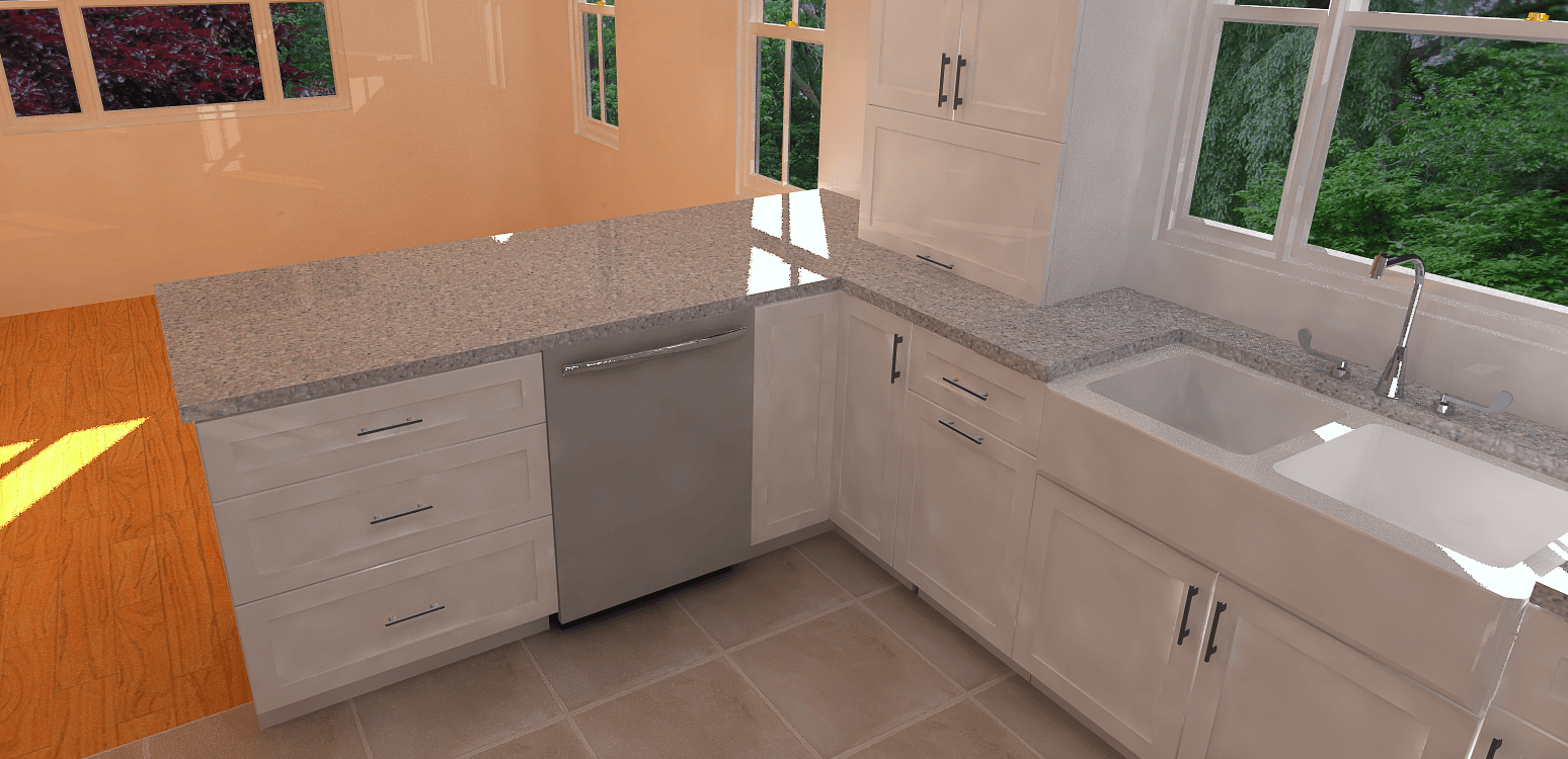 Kitchen with white cabinets, gray countertops, and a window overlooking greenery.