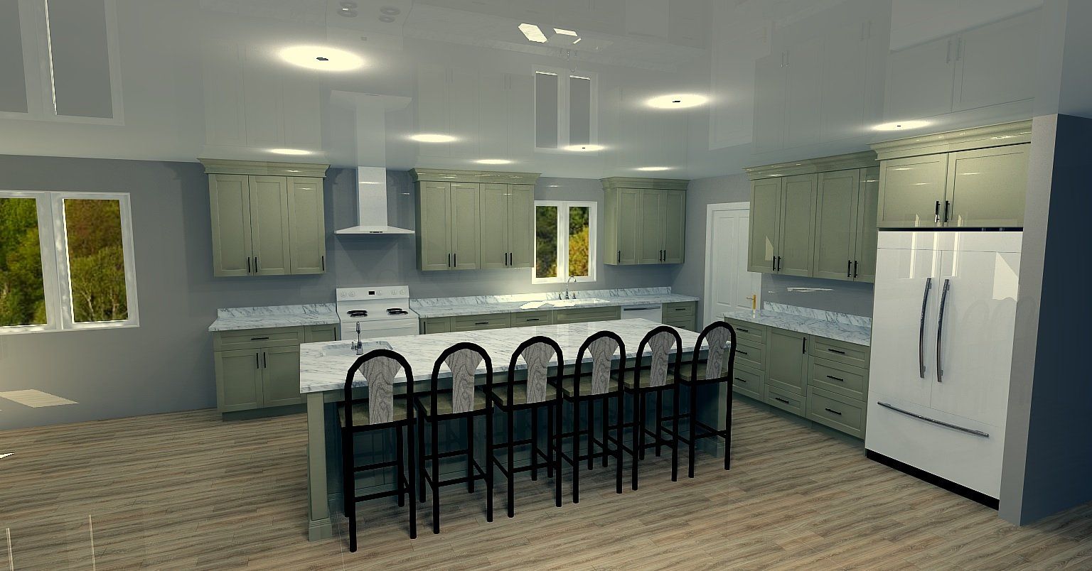 Spacious kitchen with light green cabinets, large island with bar stools, and white appliances.