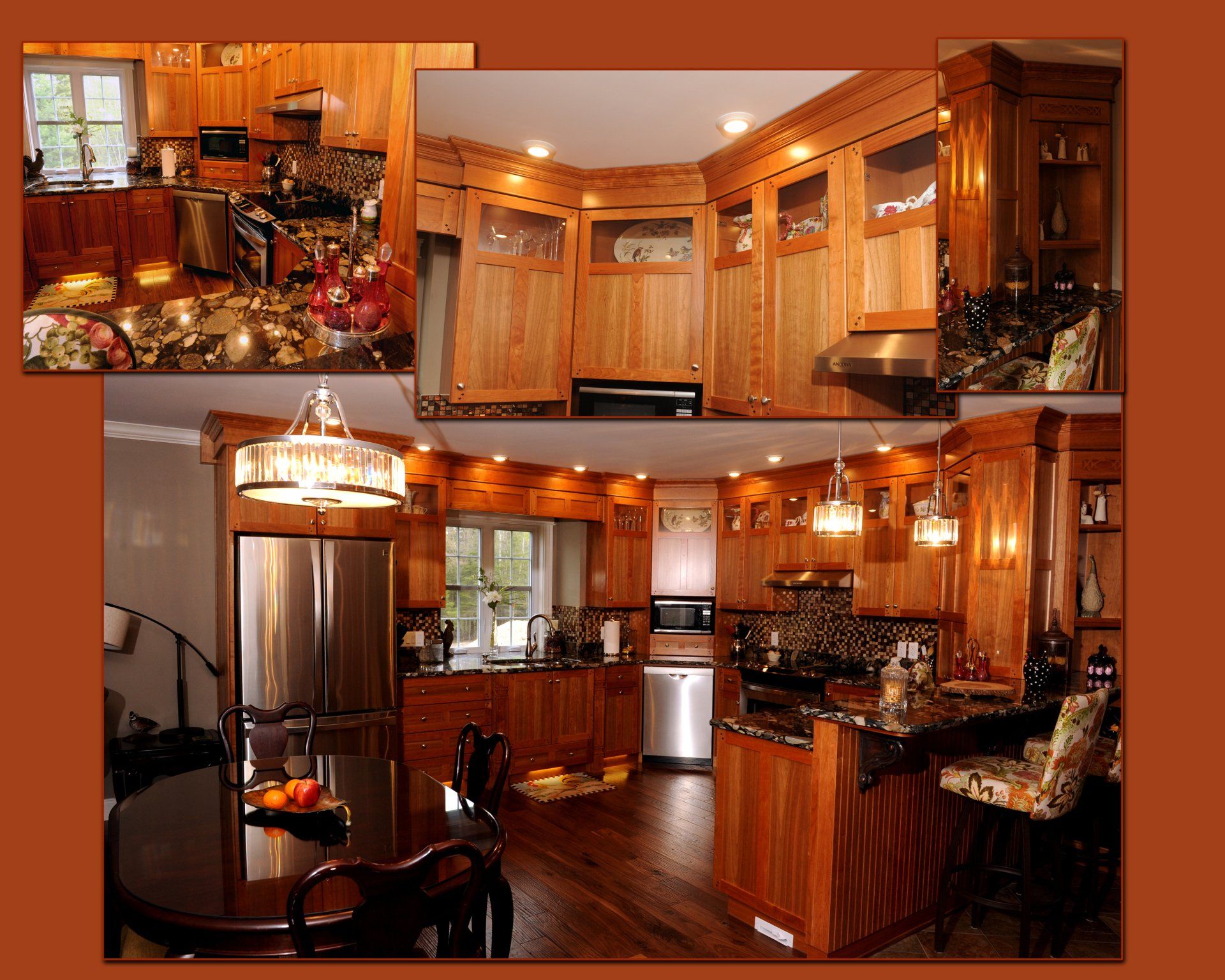 Wooden kitchen with stainless steel appliances and granite countertops.