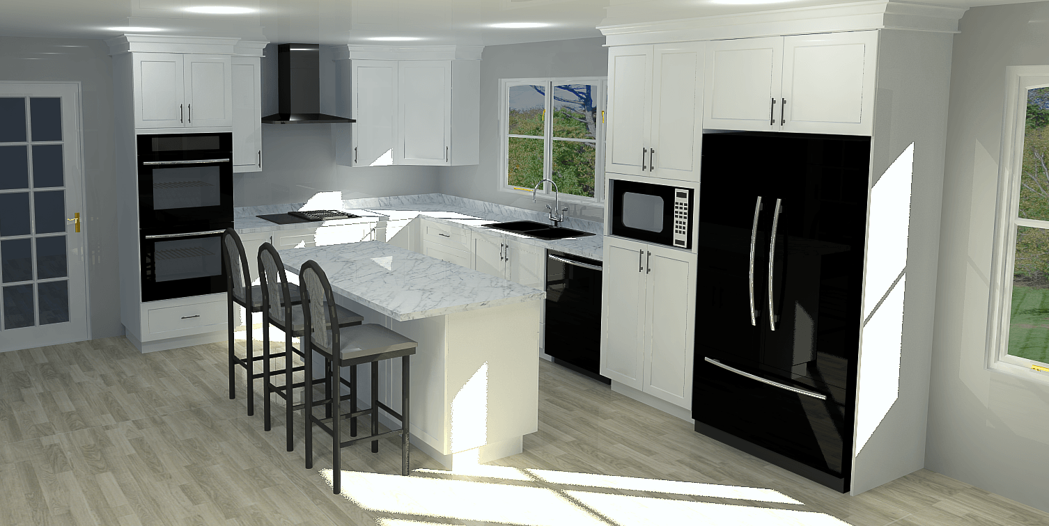 White kitchen with black appliances, island with bar stools, and natural light.