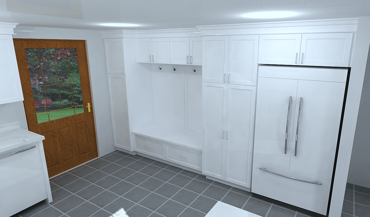 A white kitchen with white cabinets, refrigerator, and a brown door leading to a garden.