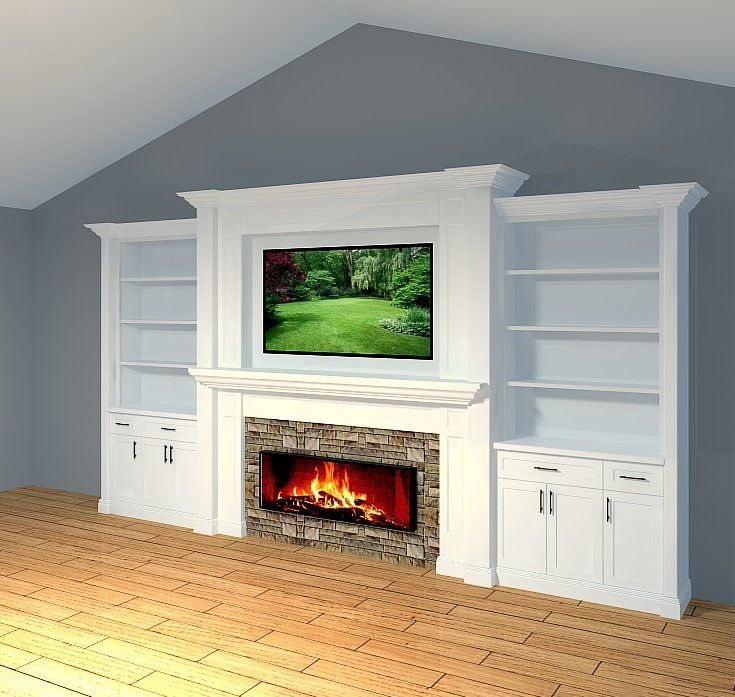 White fireplace with stone surround, TV, and bookshelves in a room with light wood floor and gray walls.