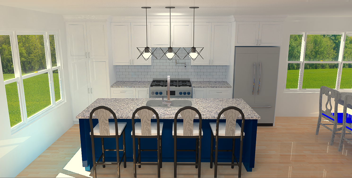 Kitchen with blue island, white cabinets, gray countertops, stainless steel appliances, and pendant lights.